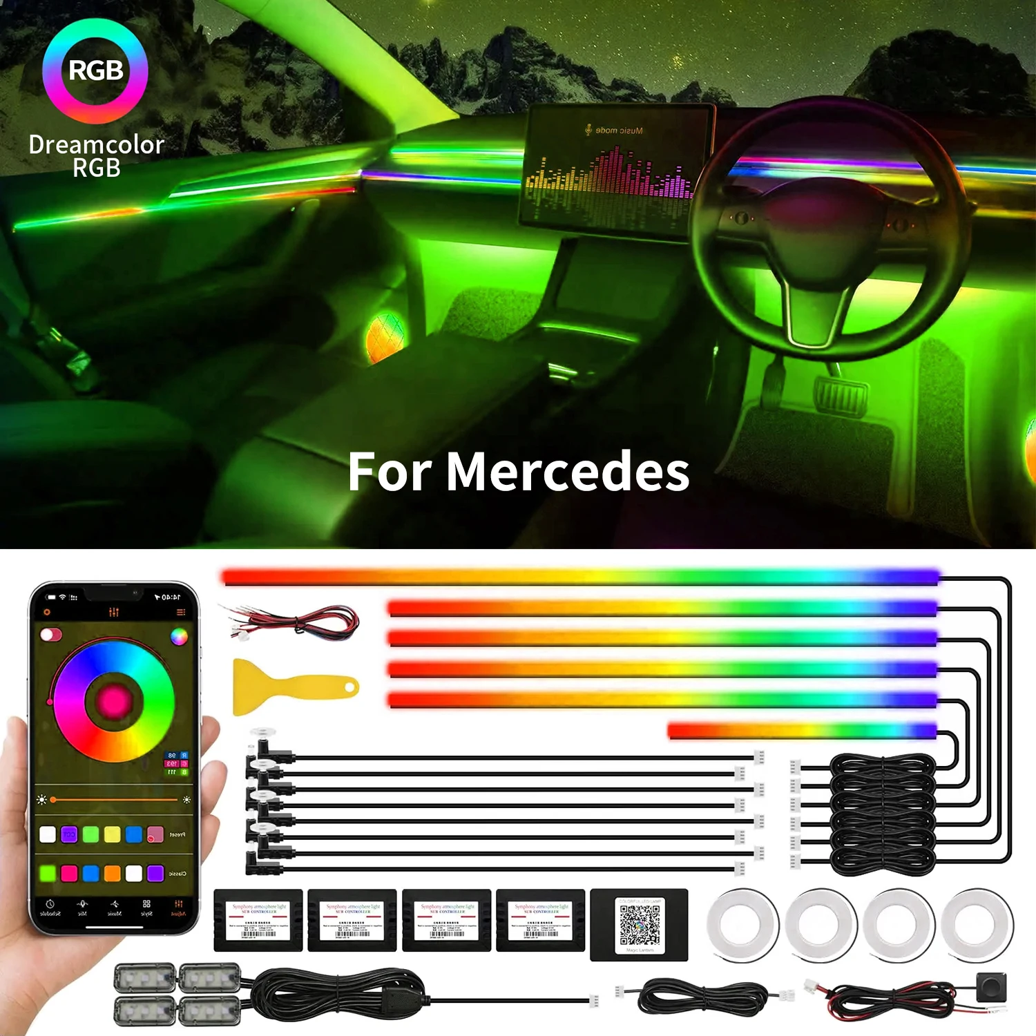 22 In 1 Full RGB 213 Colors Streamer Car LED Interior Ambient Lights Universal Hidden Acrylic Strip Kit Symphony Atmosphere Lamp