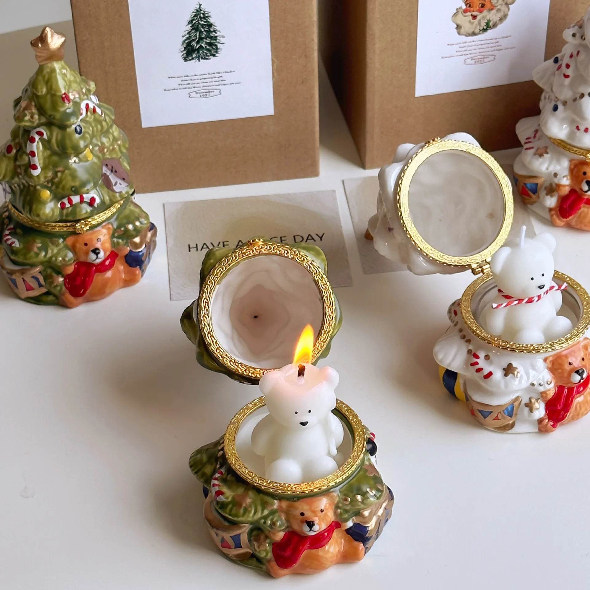 Same day shipping Christmas gift ceramic bear candle gift set