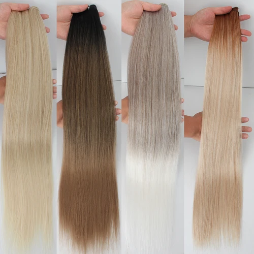 Extensiones de cabello sintético liso biológico, fibra resistente al calor, ombré falso, marrón, Rubio, mechones de pelo de cola de caballo súper larga, 26 "", 200g