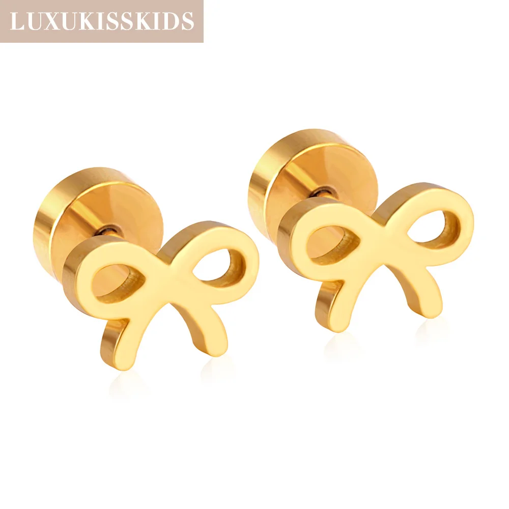 LUXUKISSKIDS Cute Bowknot Shape Stud Earrings For Woman/Girls Stainless Steel Gold Plated Rhinestone Jewellry Daily Wear/Gifts