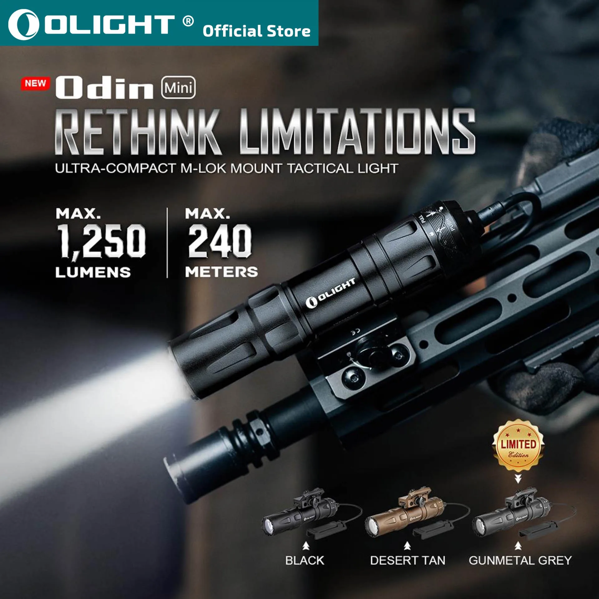 OLIGHT Odin Mini 1250 Lm 240m Ultra Compact Rechargeable Mlok-Mount Weaponlight, Removable Slide Rail Mount and Remote Switch
