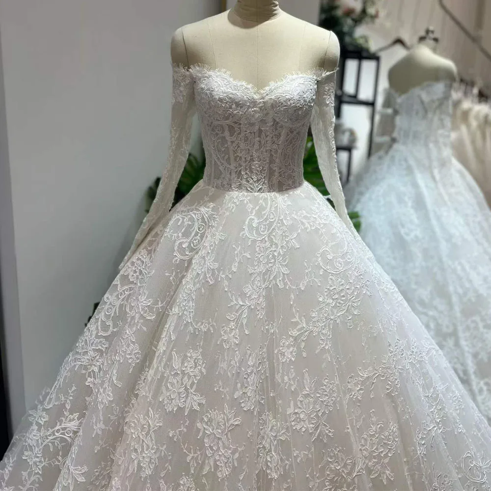 

Classic Lace Wedding Bridal Dress Off The Shoulder Long Sleeves Puffy Vestidos noivas