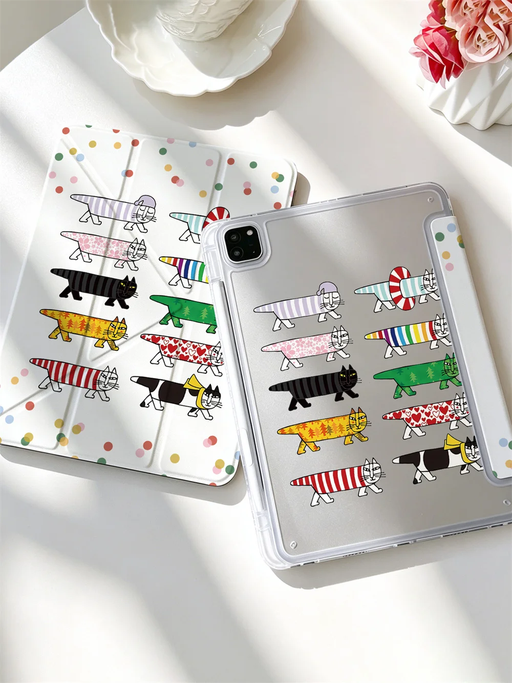 Cute Colorful Long Cat Polka Dot Y‑Fold Shockproof Tablet Case Cover For iPad Mini6 Mini7 Air4 Air5 Air6 Air7 iPad9 iPad10 Pro11