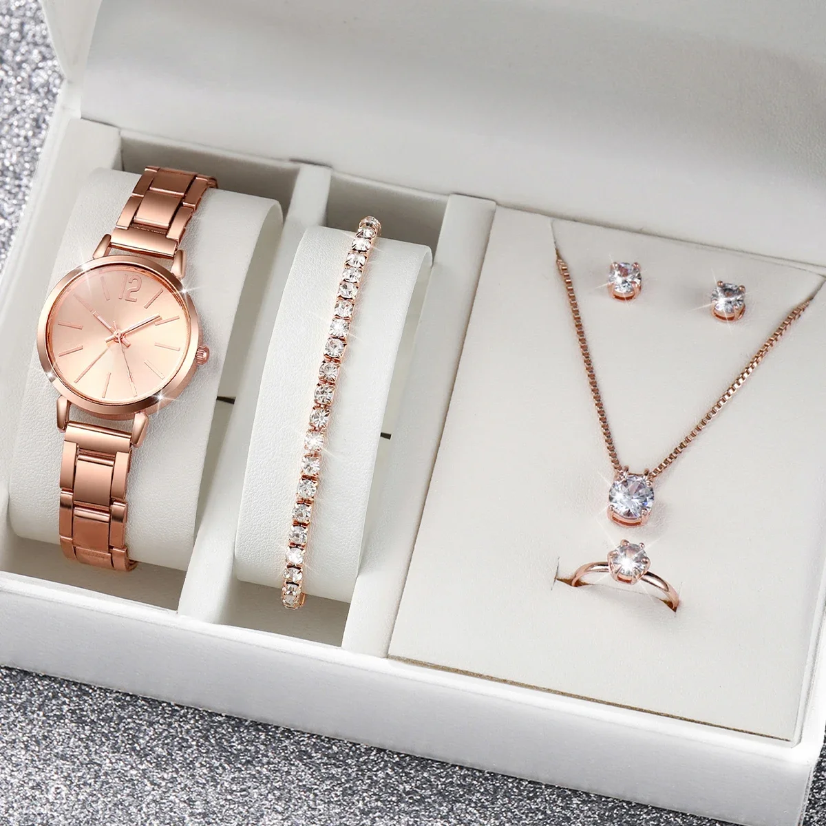 6 sztuk/zestaw zegarek damski moda pasek ze stali nierdzewnej analogowe zegarki kwarcowe zestaw biżuterii diamentowej (bez pudełka) — zdjęcie 2