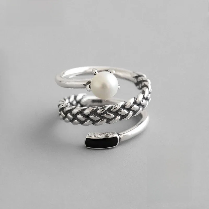 Prawdziwe 925 srebro pierścionki dla kobiet pearl chain czarny cyrkon Trendy fine Jewelry duże regulowane antyczne pierścienie Anillos — zdjęcie 2
