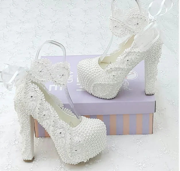 Daisy pearl lace Heels Bridal Shoes Bride Pearl Water drill flower white wedding shoes super high heel waterproof platform