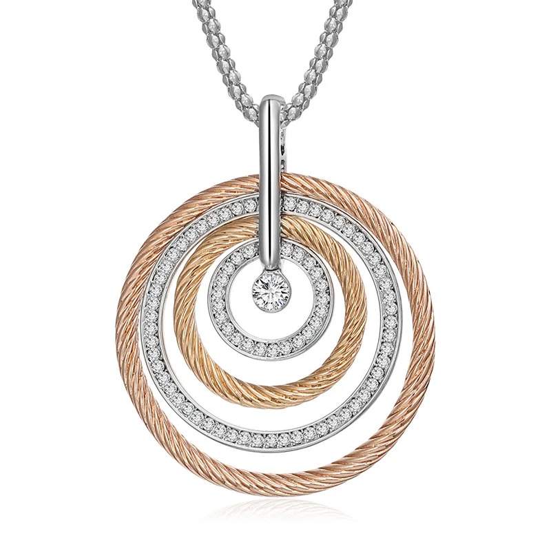 

Elegant Multi Layer Gold Wire Circle Pendant Necklace Two Color Triple Round Zircon-Inlaid Personalized Jewelry for Women