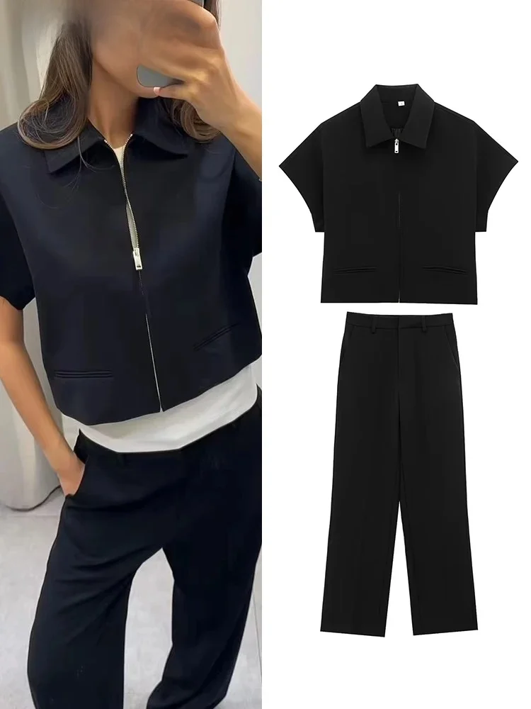 TFMLN modeset voor dames zomer 2025, nieuwe slanke reversrits, korte mouw jas, top, wijde pijpen, broek, tweedelige set, vrije tijd, zwart - afbeelding 2