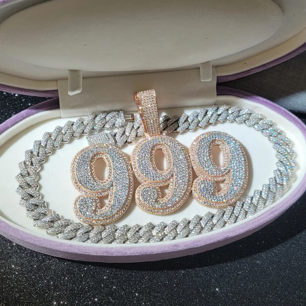 Custom Two-Color Big Letter&Numbers Covered CZ Pendant With 13MM Cuban Chain Iced Out Necklace Jewelry For Him Birthday Gifts