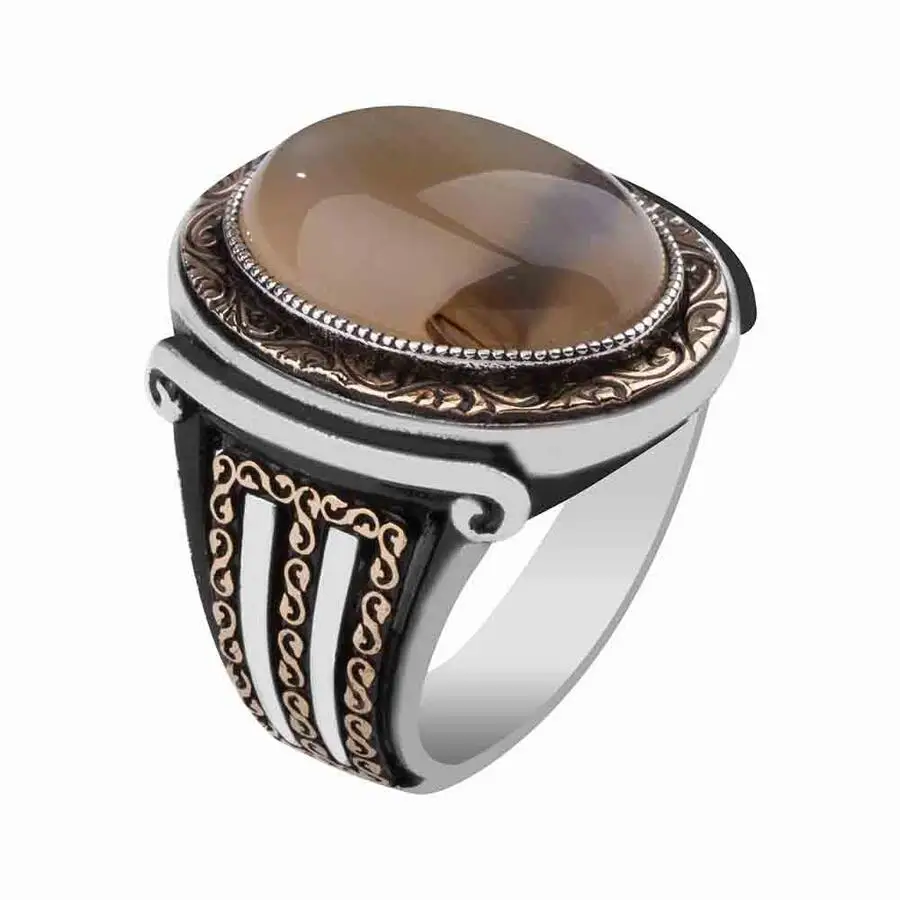 Men Brown Turquoise Gemstone Silver Ring Vintage Men Accessories Top Quality Fashionable Solid 925 Sterling Silver