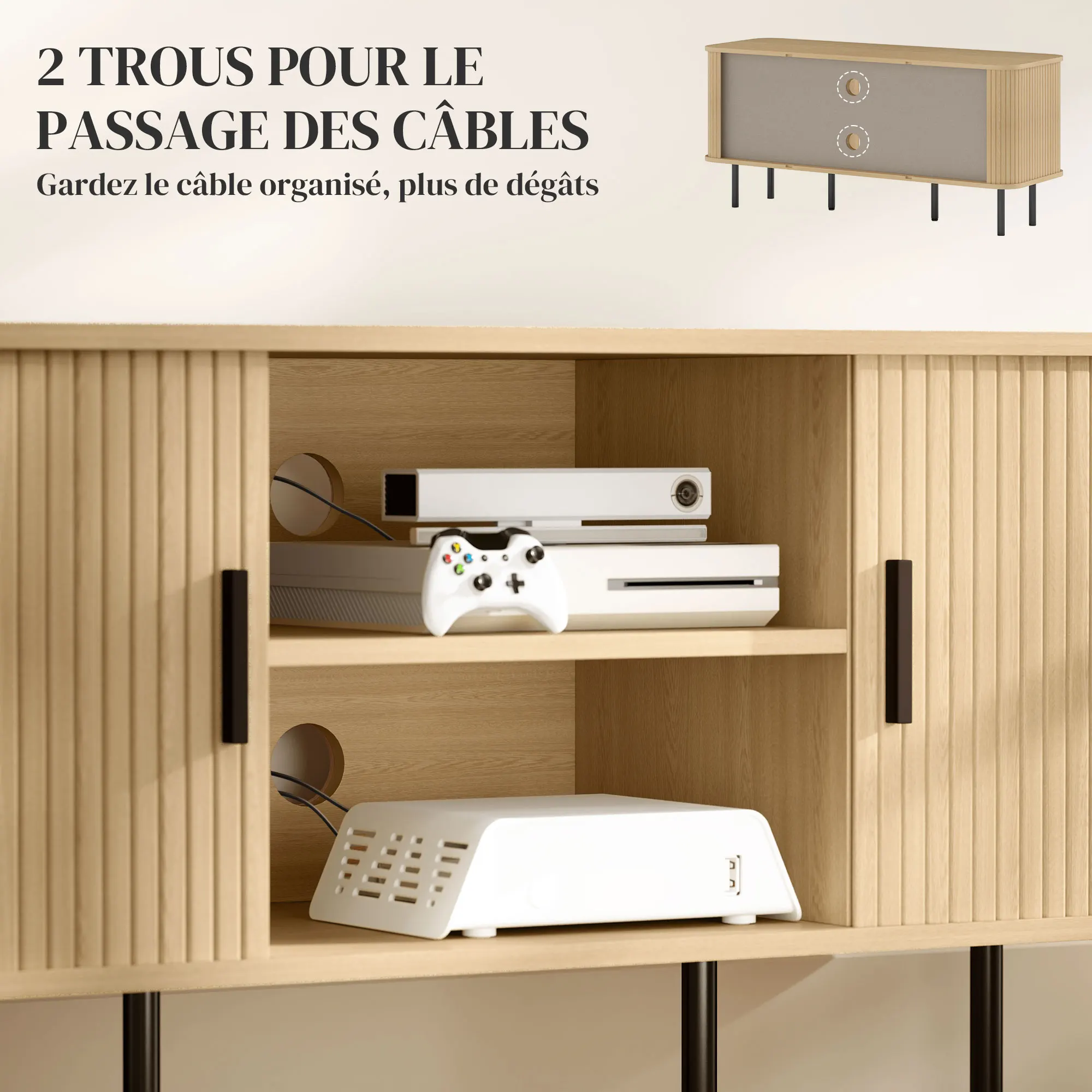 Mueble para TV de 120 cm en tono roble, unidad de TV nórdica con puertas acanaladas, almacenamiento abierto y cerrado, compatible con televisores de hasta 55 pulgadas, consola de entretenimiento moderna para sala de estar o apartamento.