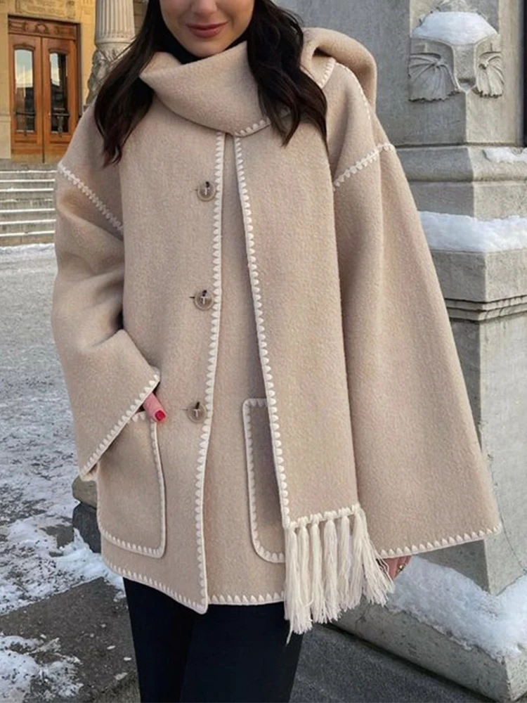 Women Coat Elegant Loose Scarf Chic Fashion Long Sleeve Pocket Single Breasted Quilted Thick Jacket  Winter Lady Jacket Outwear