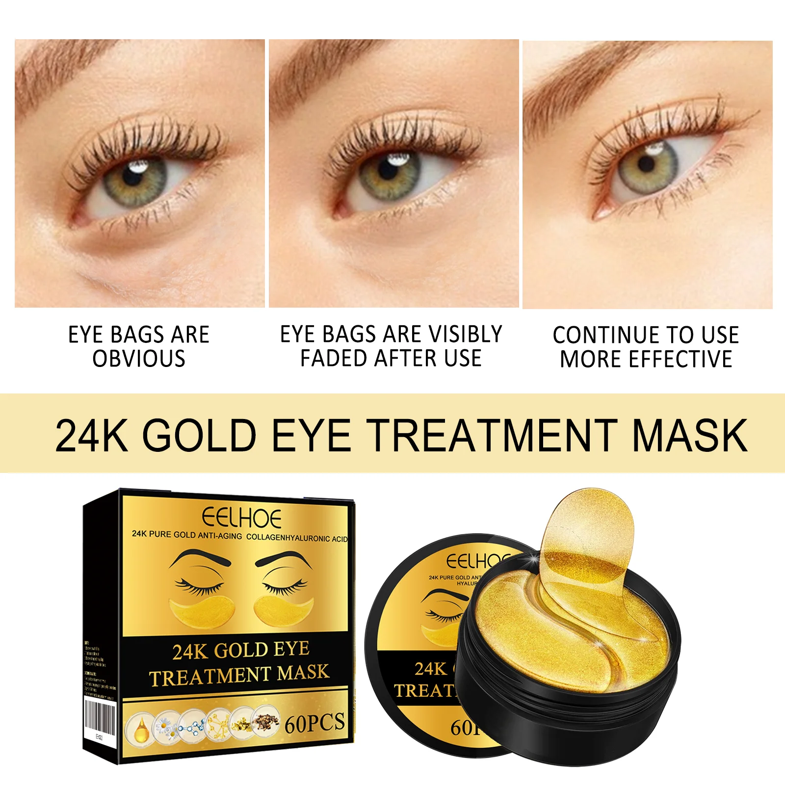 

60pcs Eelhoe 24K Gold Eye Masks Reduce Dark Circles Swell & Wrinkles Lift & Moisturize Under-Eye Treatment for Eye Care