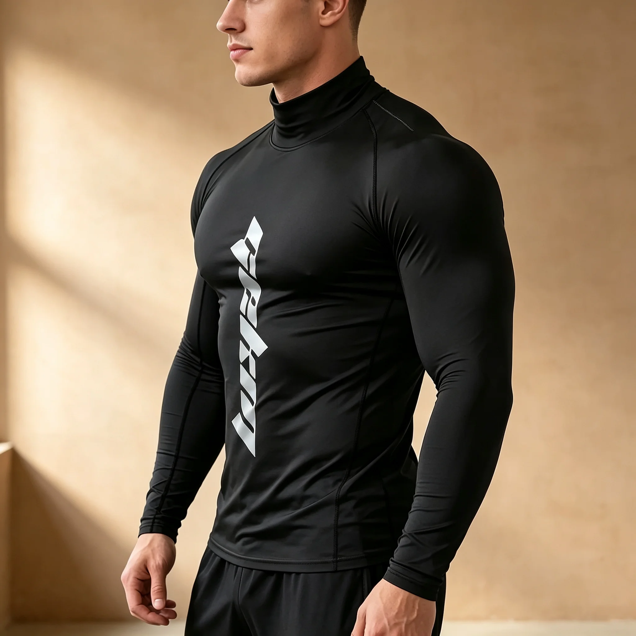 Men's High Neck Compression Long Sleeve Shirts Quick Dry Elastic Sports T‑Shirt Silver Print Gym Workout Running Fitness Athleti
