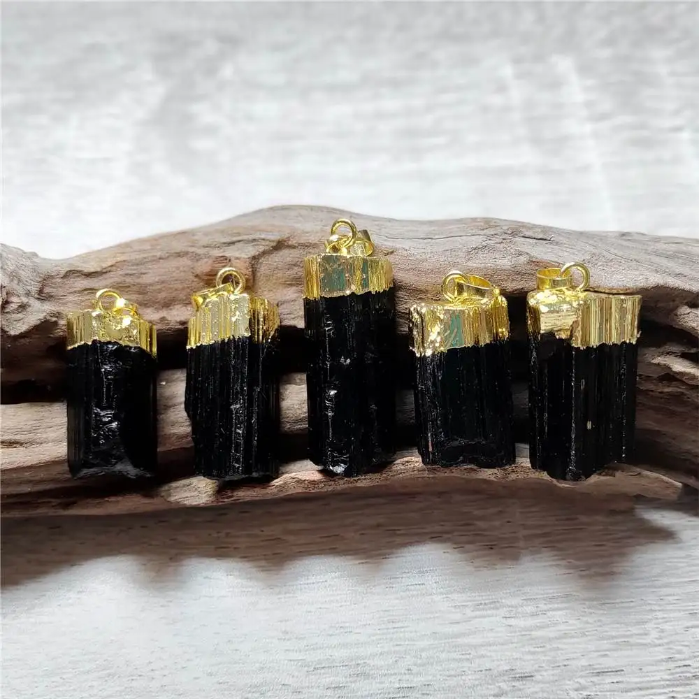 FUWO Natural Black Tourmaline Pendant,18K Gold Plated Cap  Cylindrical Shape Healing Quartz Charm For Necklace Making PD407 5PCS