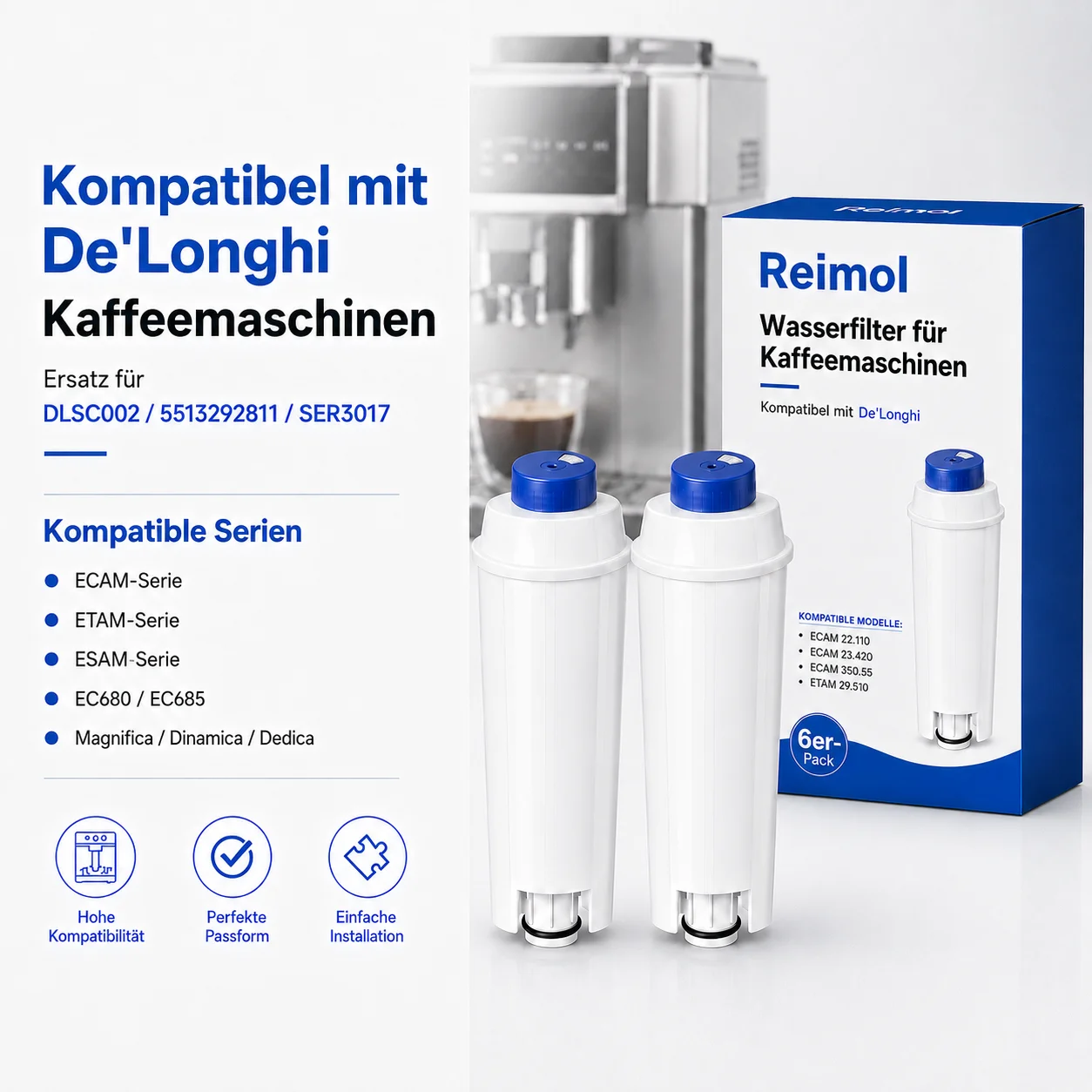 Reimol 6 Stück Wasserfilter Ersatzfilter für Kaffeemaschinen, kompatibel mit DeLonghi ECAM Serie, ESAM Serie und ETAM Serie – Detail 1