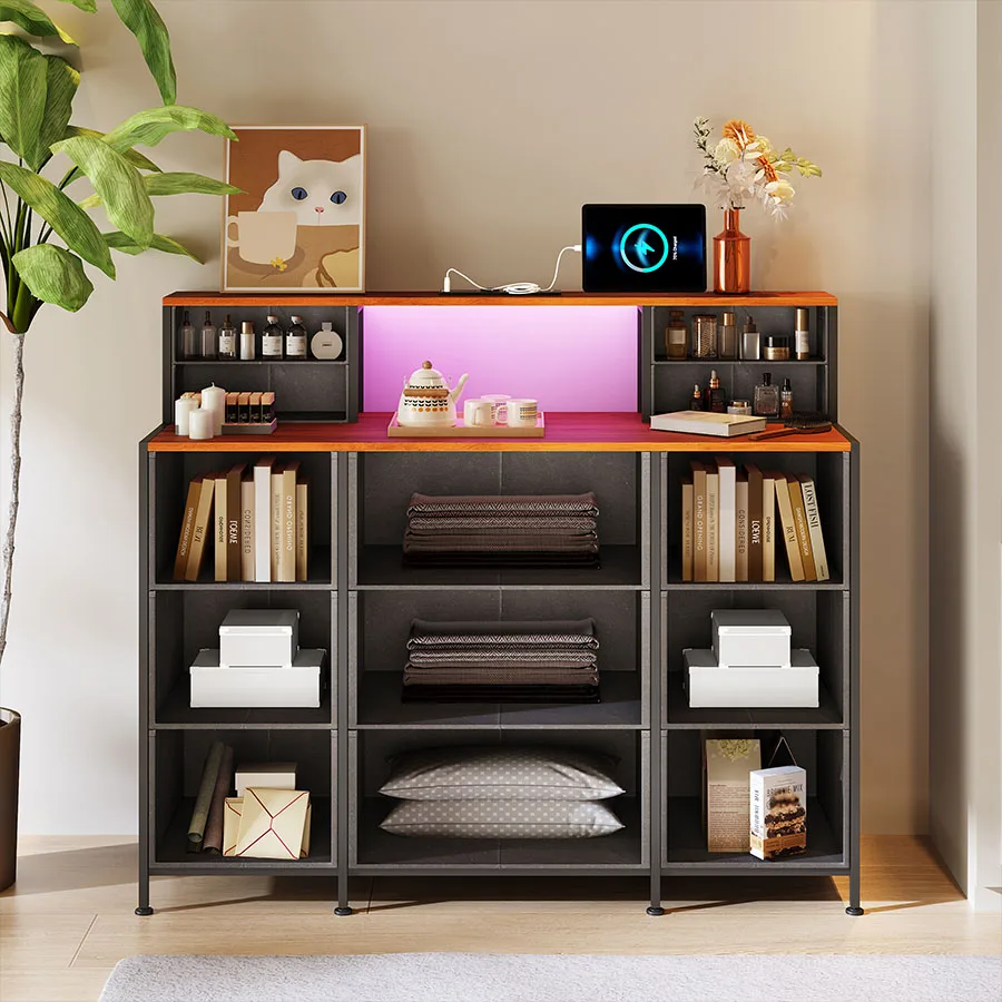 طاولة تزيين Anajqaqia 109.2x28x97.3 سم، خزانة تخزين قماشية مع شحن USB، مع إضاءة LED و13 درجًا #3