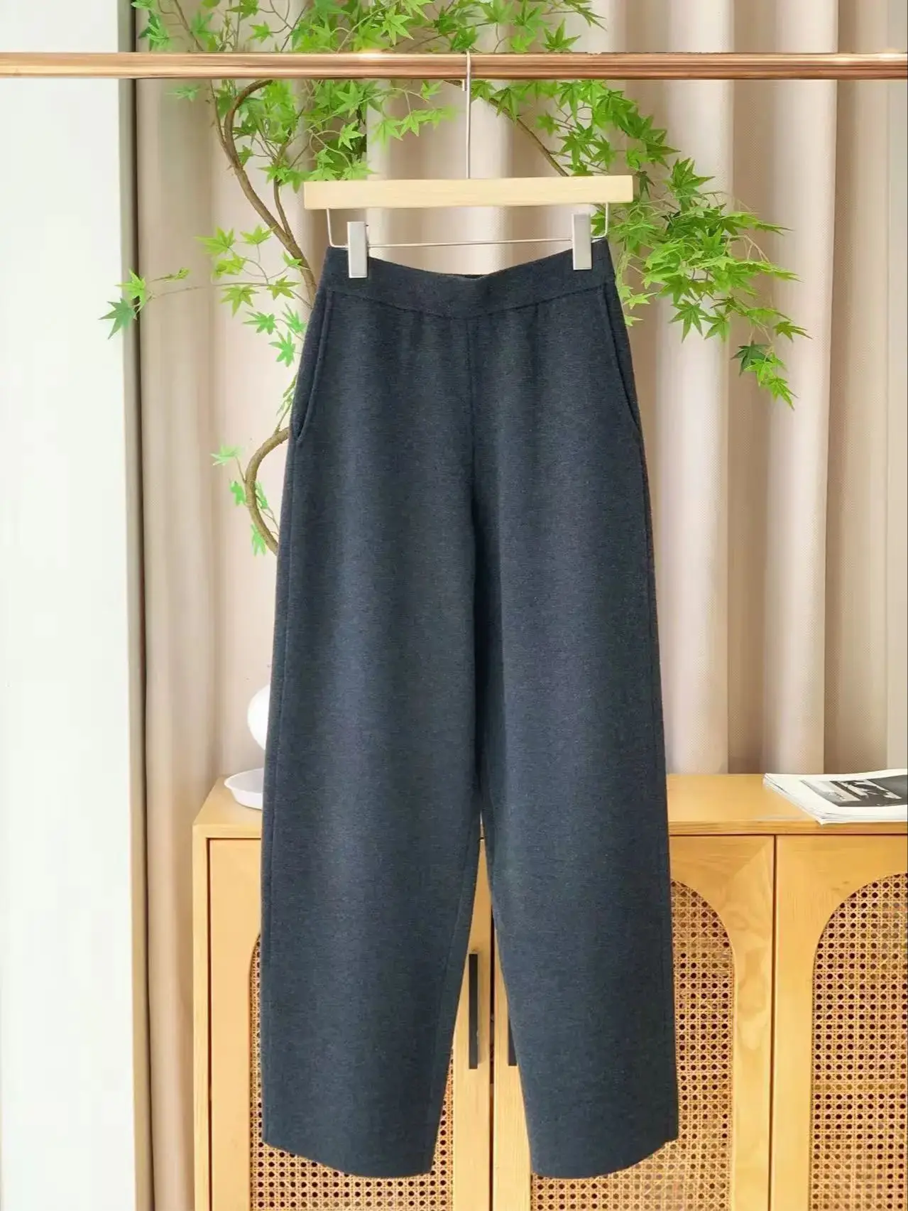 

Elegant double-sided knitting elastic waist wool jersey pants