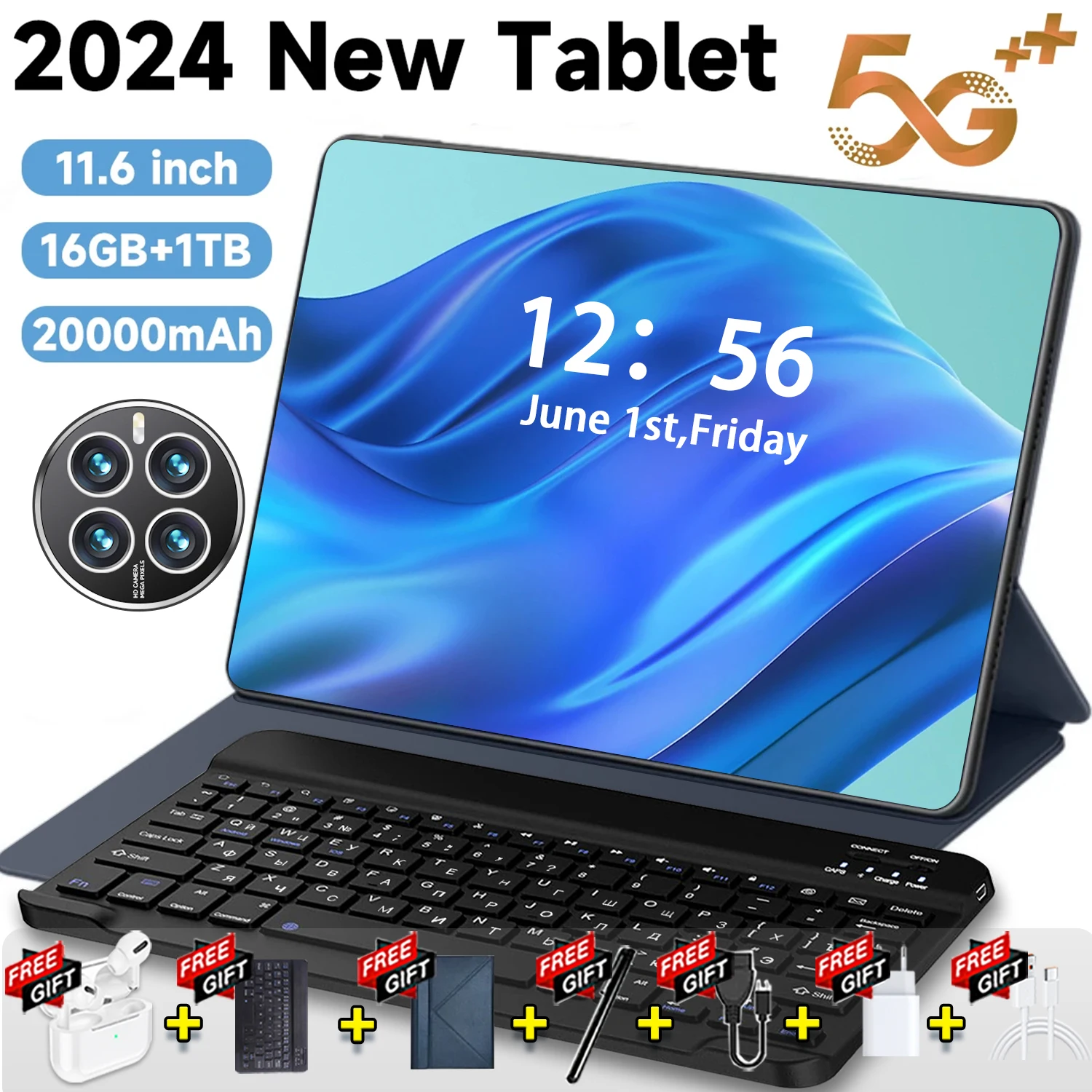 2024 5G Nuova versione globale tablet da 11,6 pollici Android 16 GB di RAM + 1 TB di rete ROM 20000 mAh Android 13.0 14 core Wifi PC 4G Bluetooth