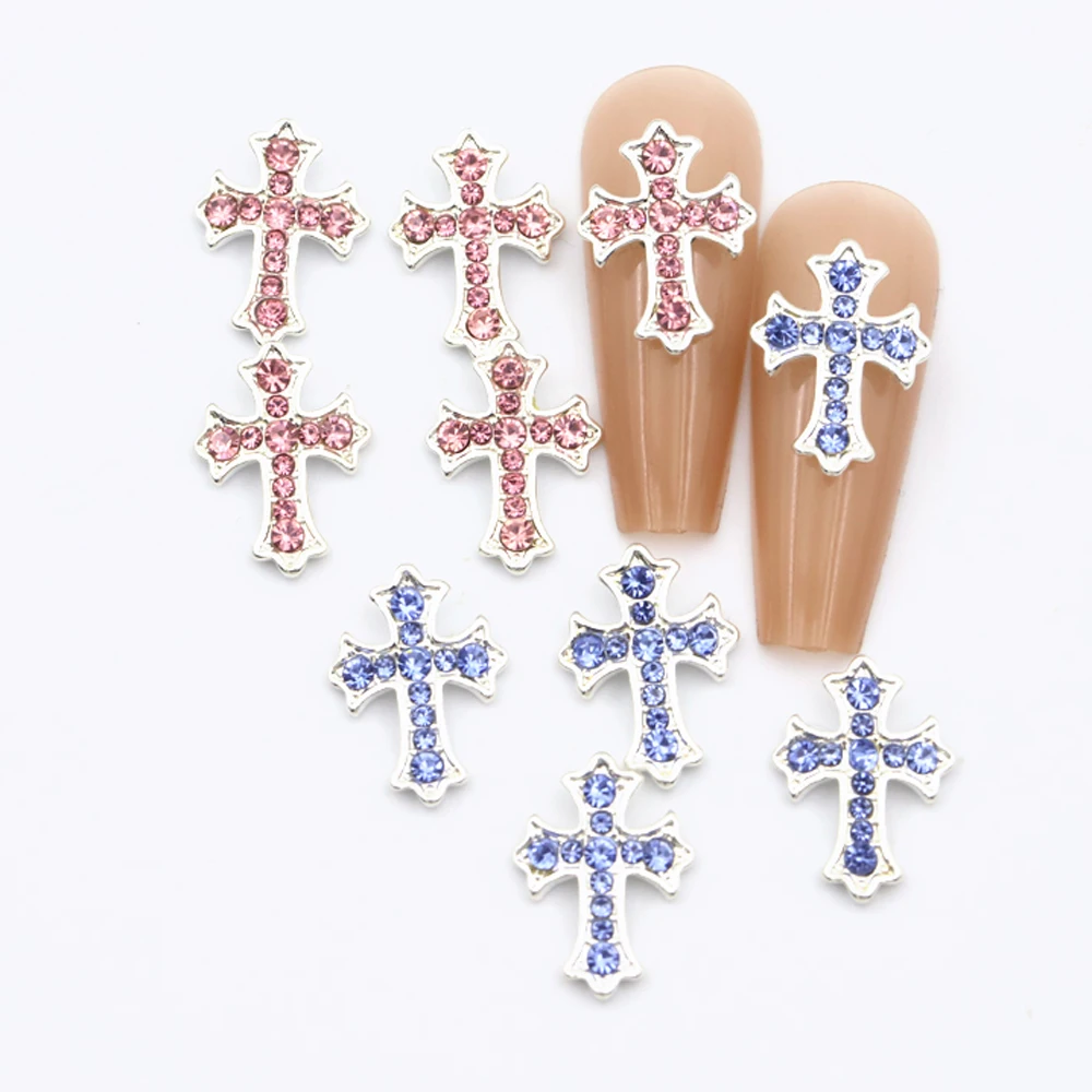 10Pcs Luxury Silver Cross Nail Art Charms 3D Alloy Retro Glitter Diamond Cross Nail Rhinestones DIY Punk Manicure Accessories