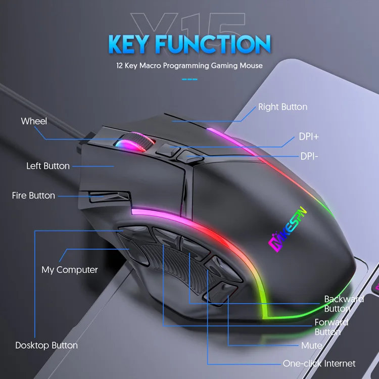 Rato gamer com fio X15, 12800dpi, nível 6, macro, programável, ergonômico, 12 teclas, luz rgb, 1000hz, antiderrapante, para pc, laptop, fps