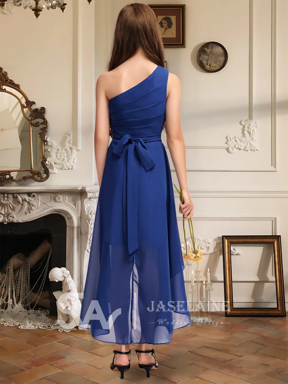 Элегантное асимметричное шифоновое платье трапециевидной формы на одно плечо для подружек невесты с бантом, платье с цветочным узором для девочек, вечерние, свадебные, официальные