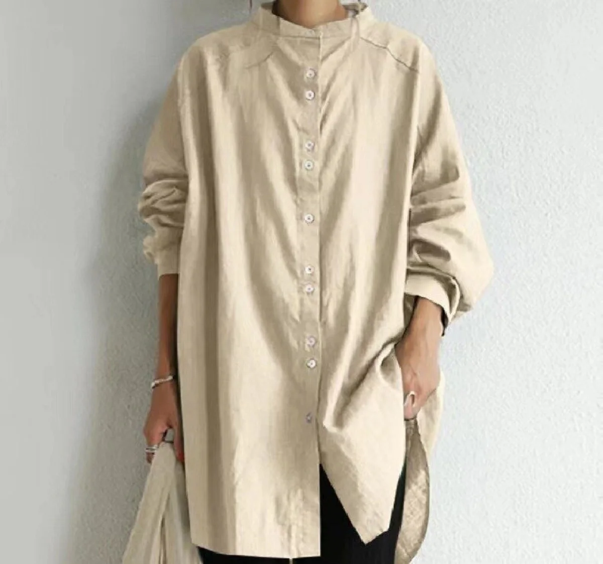 Loose Ladies Long Sleeve Blouse Top Shirt Spring Autumn Cotton Linen Casual Female Women Stand Collar Long Blouse Top Plus Size