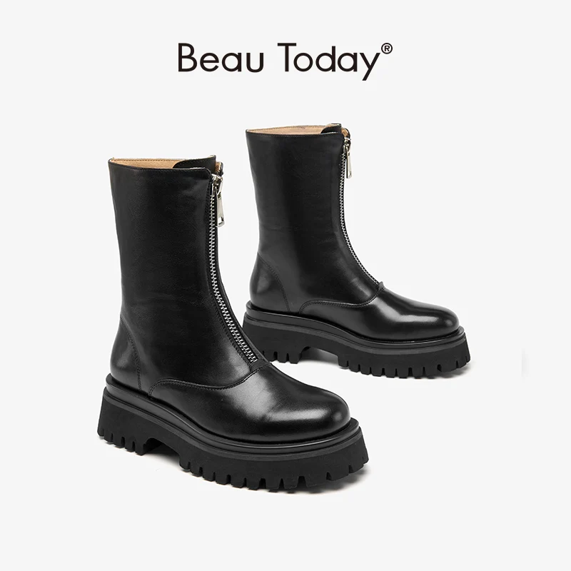 BeauToday Mid-calf Boots Women Forward Zipper Closure Round Toe Chunky Sole Solid Color Casual Spring Autumn Ladies Shoes 02300