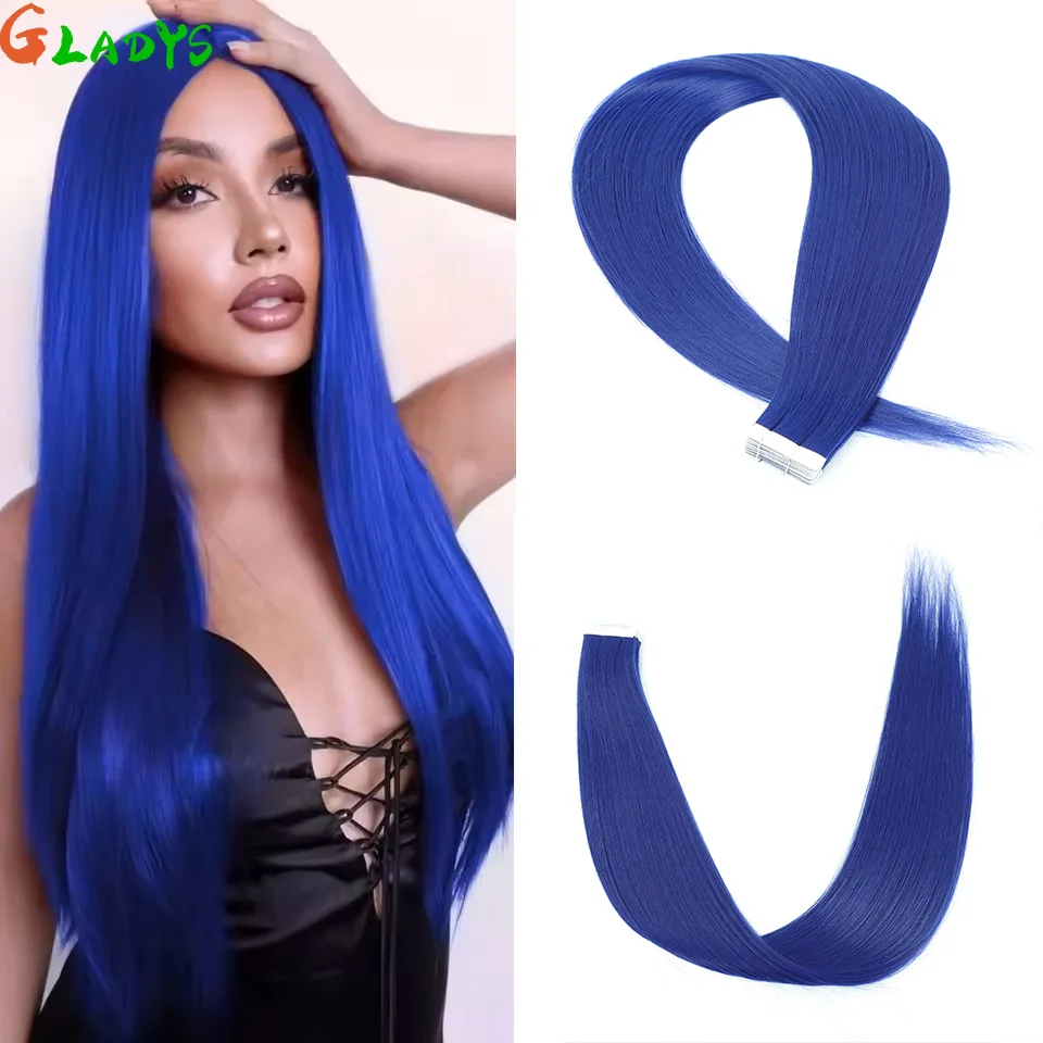 

26 Inch Straight Synthetic Blue Tape In Hair Extensions 20pcs/lot High Temperature Fiber Double Sided Adhesive Tape In Hair