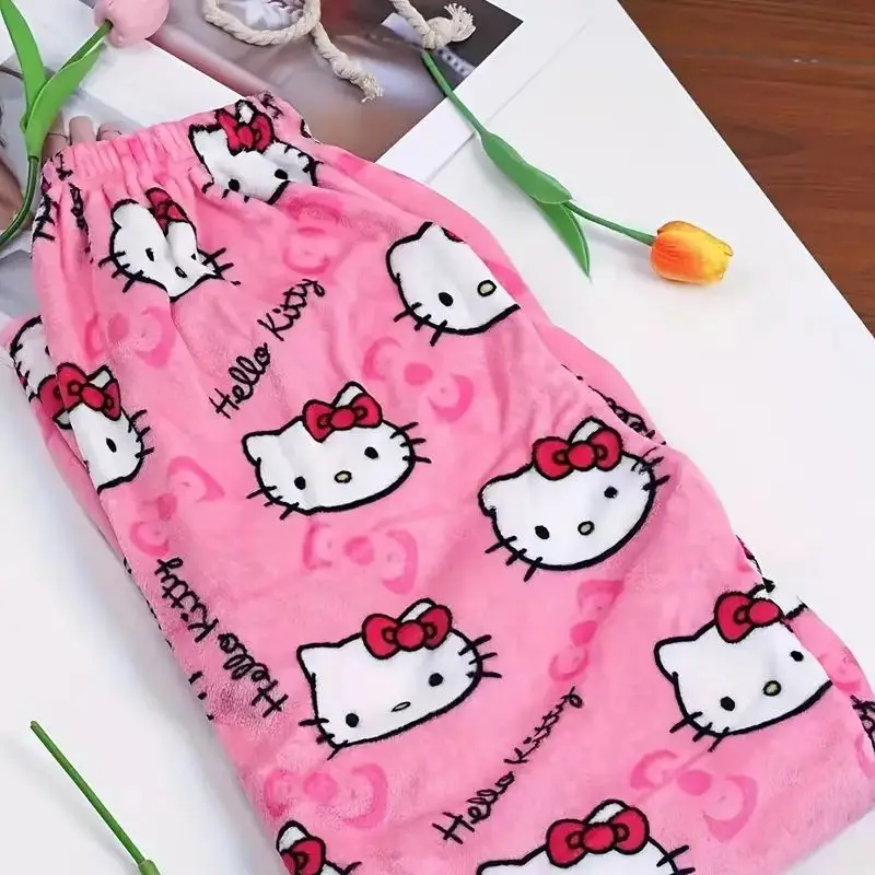 Sanrio Hello Kitty Y2k Kawaii pijamas de franela de Anime pantalones de Casa informales de dibujos animados de lana cálidos para mujer pantalones de moda de Otoño Invierno