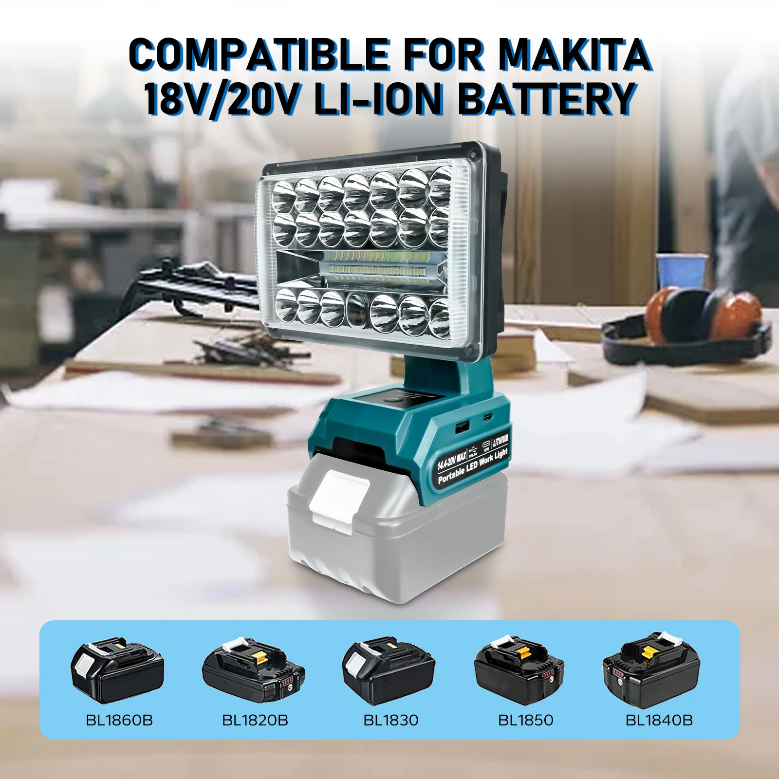 5Inch 2000LM 28W LED Work Light for Makita 18V Li-ion Battery with USB Type-C Port Flashlight Spotlight (No Battery)