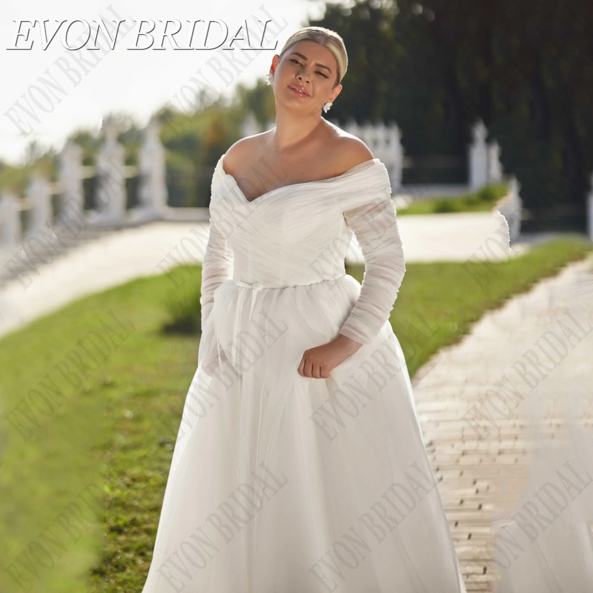 EVON-vestido de novia con hombros descubiertos, traje de novia de talla grande, manga larga, tul, hecho a medida, 2024Evon Bridal hombros expuestos