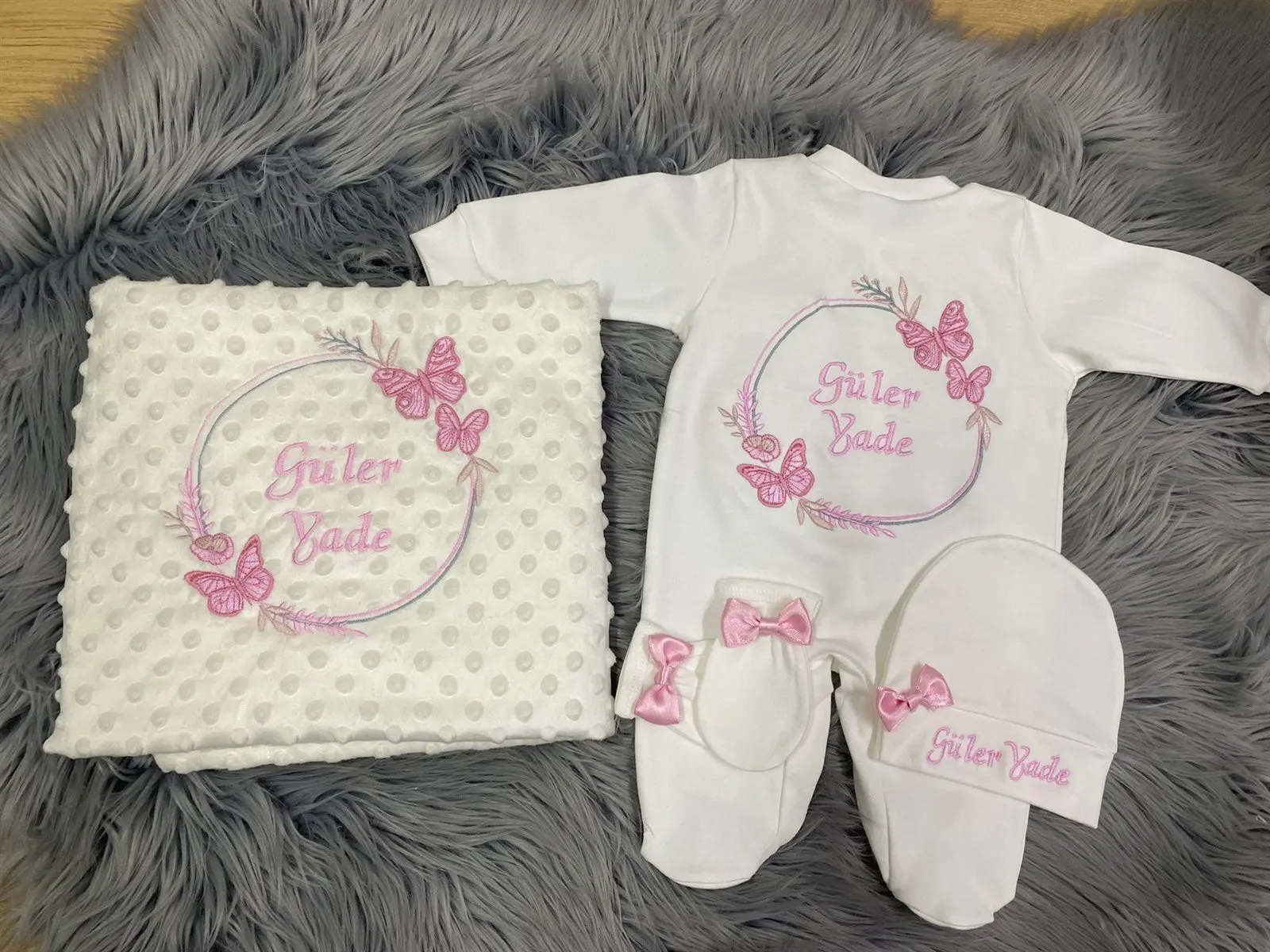 Butterfly Pattern and Name Embroidered Baby Rompers Set