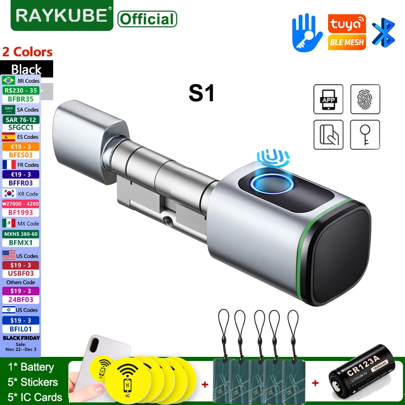 RAYKUBE S1 with CR123A Battery Tuya BLE TT Lock Smart Electronic Fingerprint Door Lock For EU SA the Middle East Countries