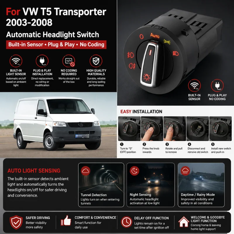 Automatic Headlight Switch Built-in Auto Light Sensor Plug and Play For VW T5 Transporter 2003-2008 Chrome Knob No Coding