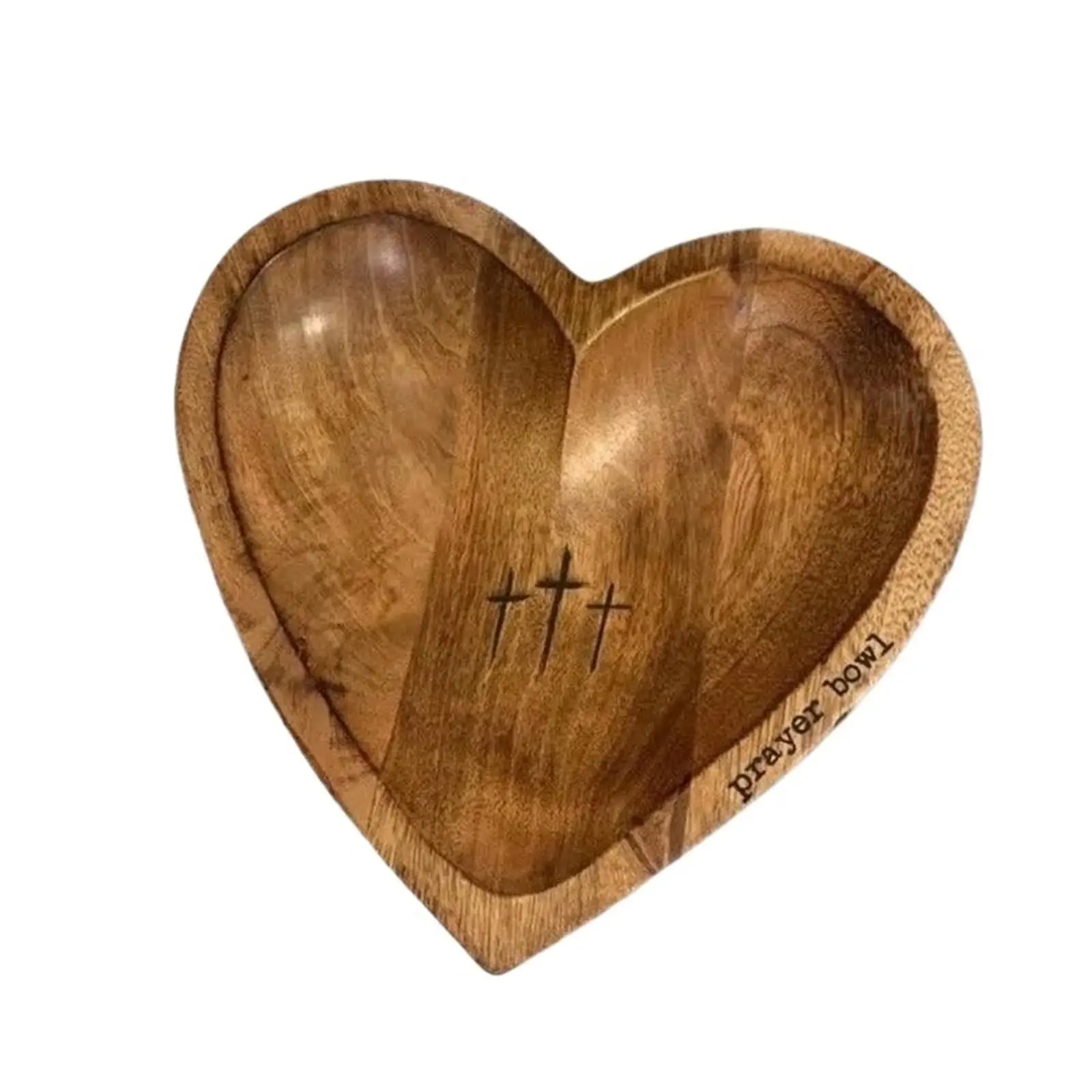 Heart Shaped Prayer Bowl, Handcrafted Wooden Prayer Bowl with Cross Engraving, Decorative Wood Dough Bowl for Home Table Decor, Fruit Candy Trinket Holder