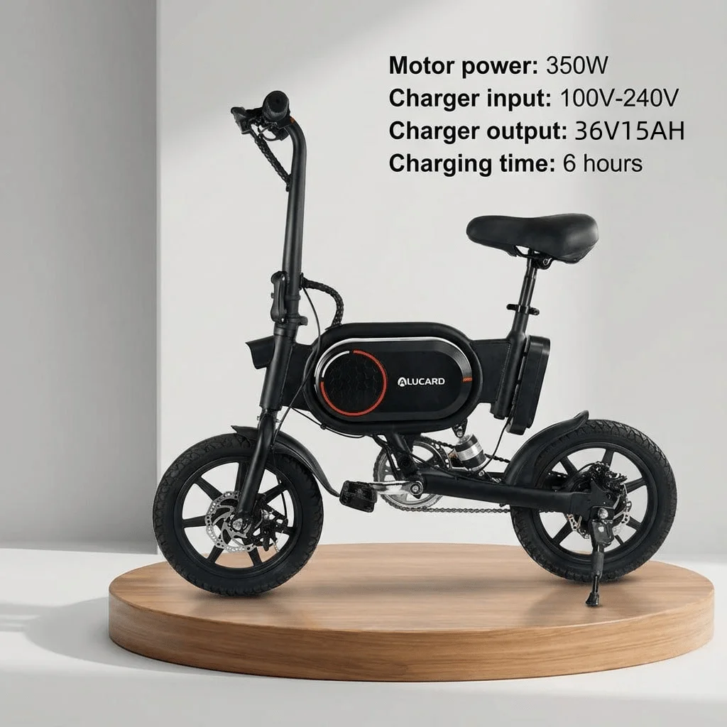 

14-дюймовый электровелосипед, максимальная нагрузка 120 кг, максимальная скорость: 25 км/ч, максимальный пробег 25 км, емкость аккумулятора 15 Ач, стандартная комплектация