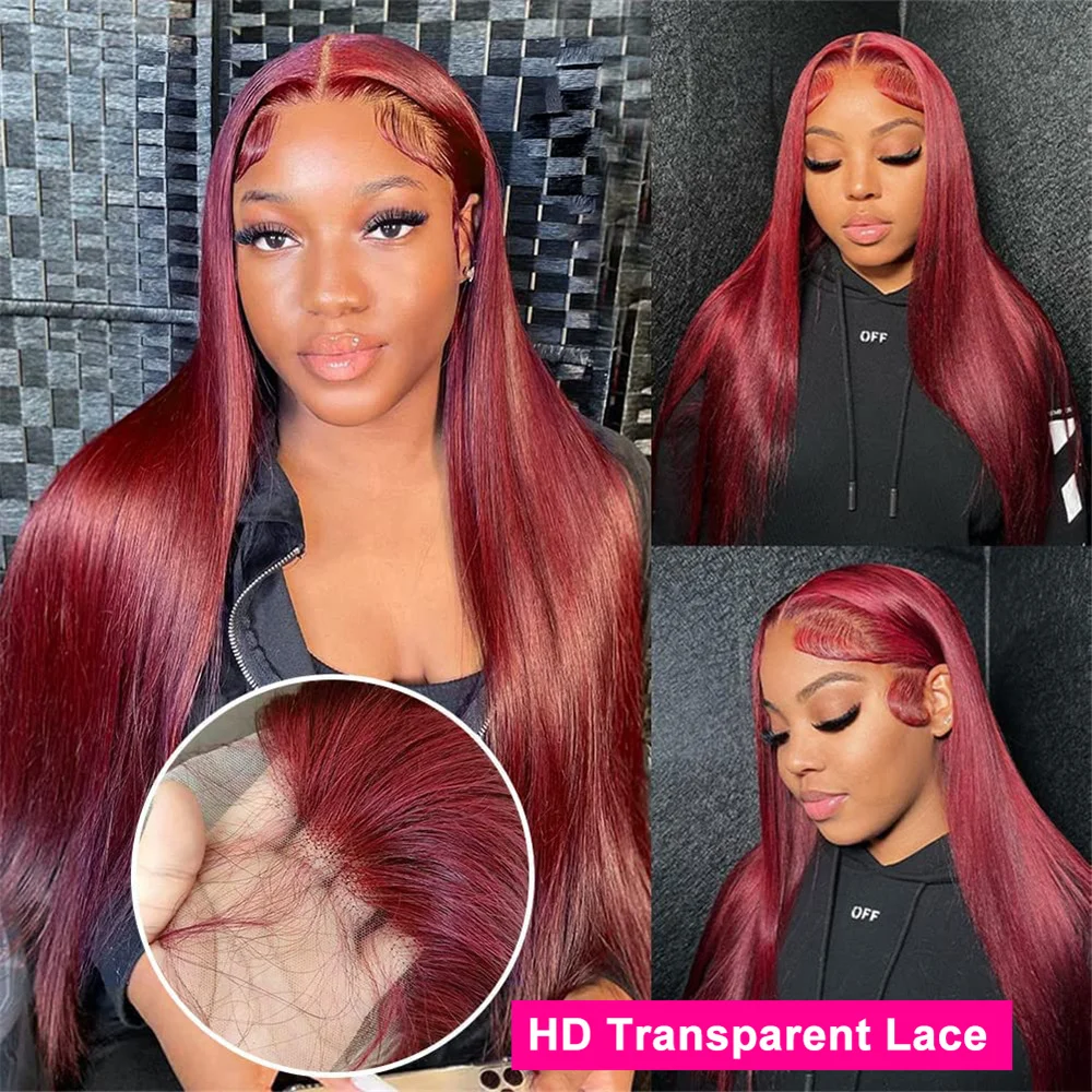 99J Bundles with Lace Frontal Straight Remy 100% Human Hair Weaves 3 Bundles with 13x4 Lace Front Burgundy Human Hair Tissage