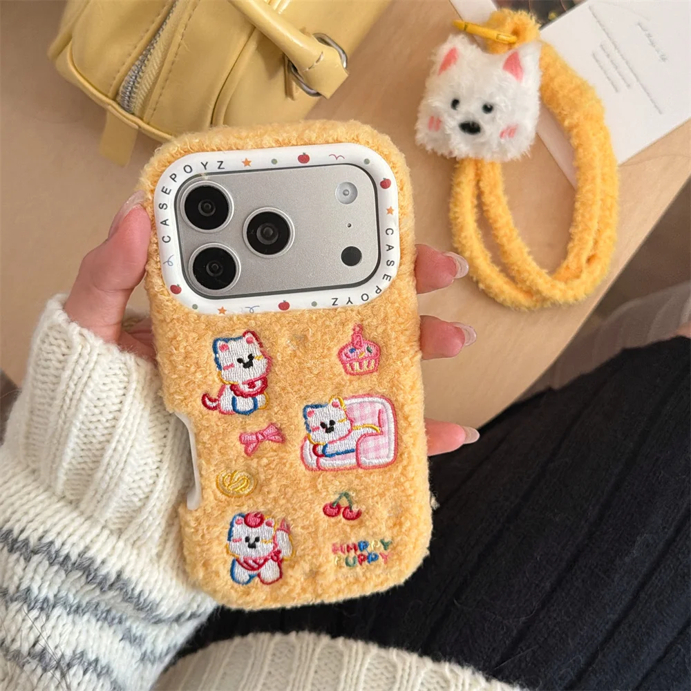 

New embroidered plush cute little dog strap ornament suitable for iPhone 17pro/13/14/15/16 Pro Max anti drop version