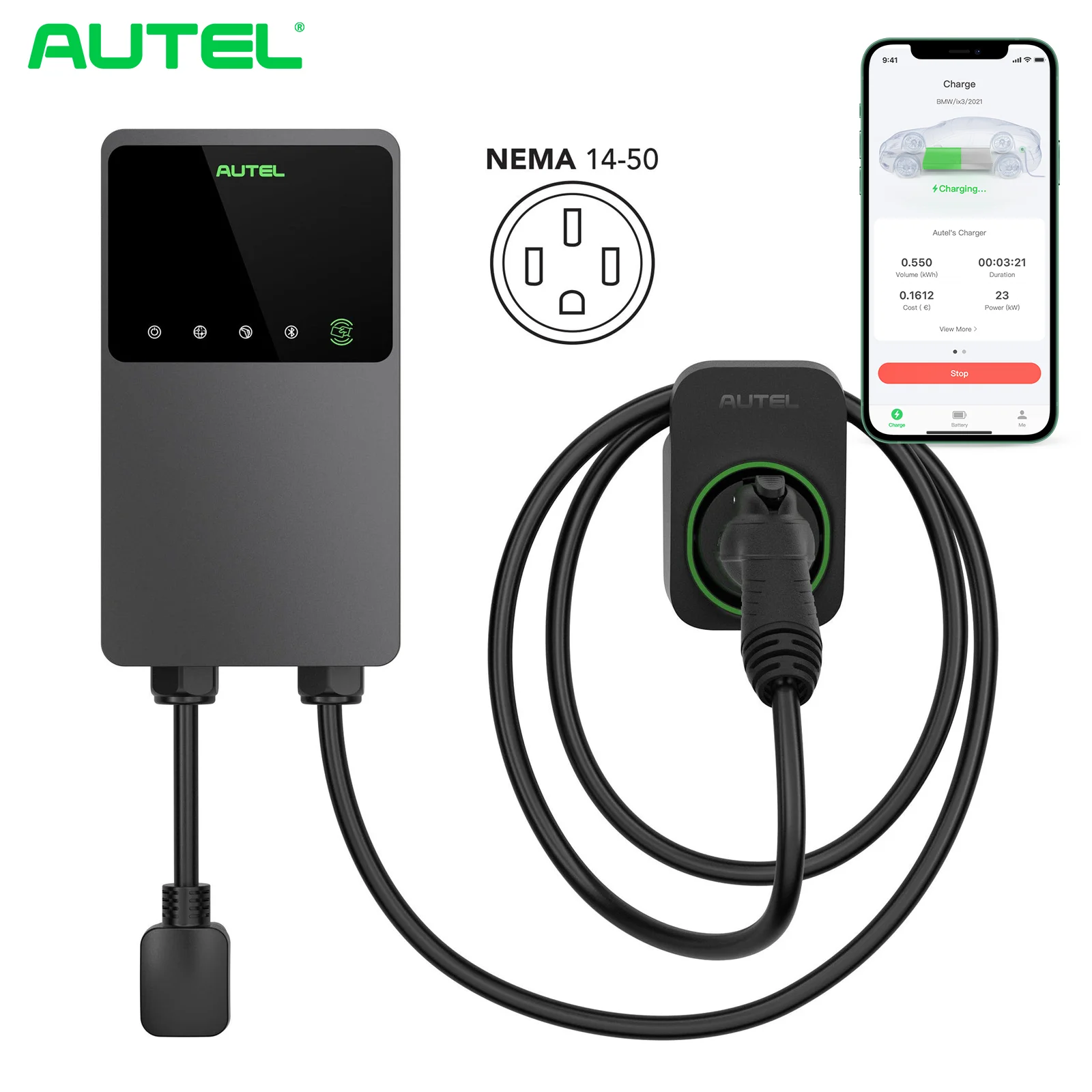 

Autel Bluetooth Wifi RFID APP Contorl Level 2 40A 240V 25ft CableEV Charger for Home Type 1 Charging Station NAME 4 US Version