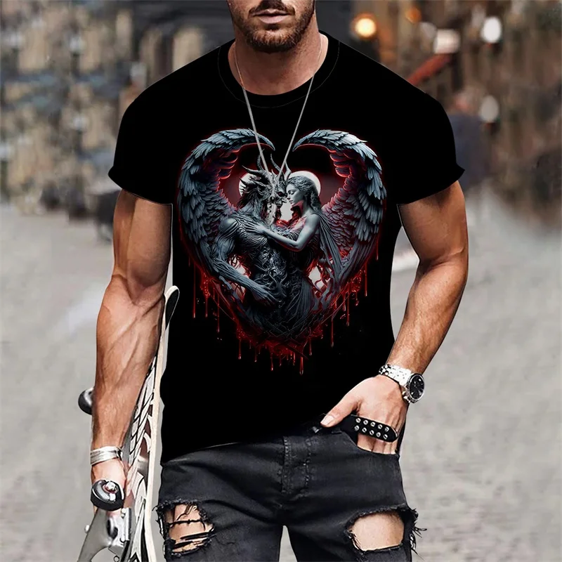 Men's Plus Size Gothic T-shirt Romantic Skull 3d Printed Short Sleeve Stretch Crew Neck Top Men Street Casual Fashion T-shirt