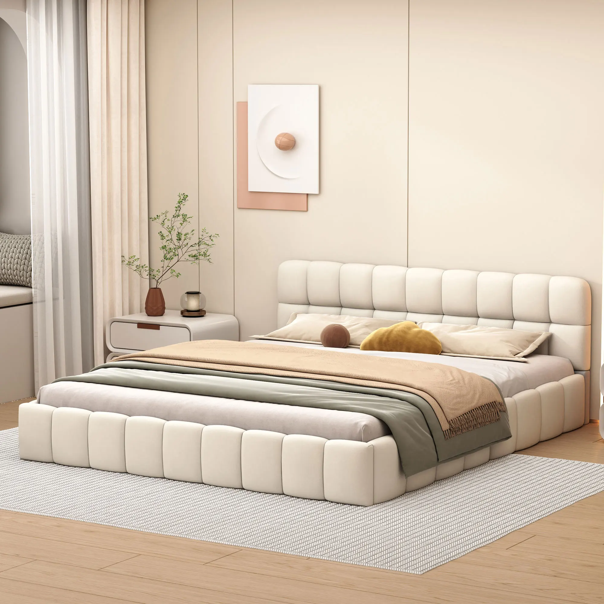 Rosahqnda Zachte rugleuning Opvulling bed Stand tweepersoonsbed Plat bed Gestoffeerde rand Lattenbodem Linnen zonder matras
