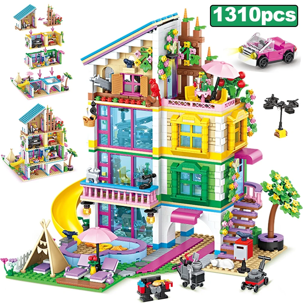 City Friends Mädchen-Villa Bausteine MOC Schloss Vierstöckiges Gebäude Schwimmbad Rutsche Klavierzimmer Schlafzimmer Bausteine Spielzeug Geschenk