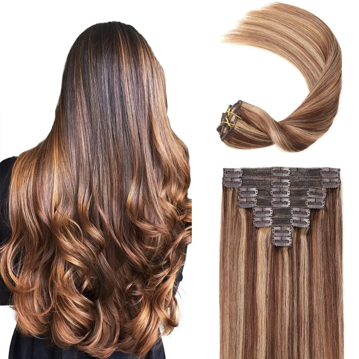 Human Hair Clip in 120g 8pcs Lace Straight Double Weft Clip in Human Hair Extensions Brazilian Human Hair #4 27