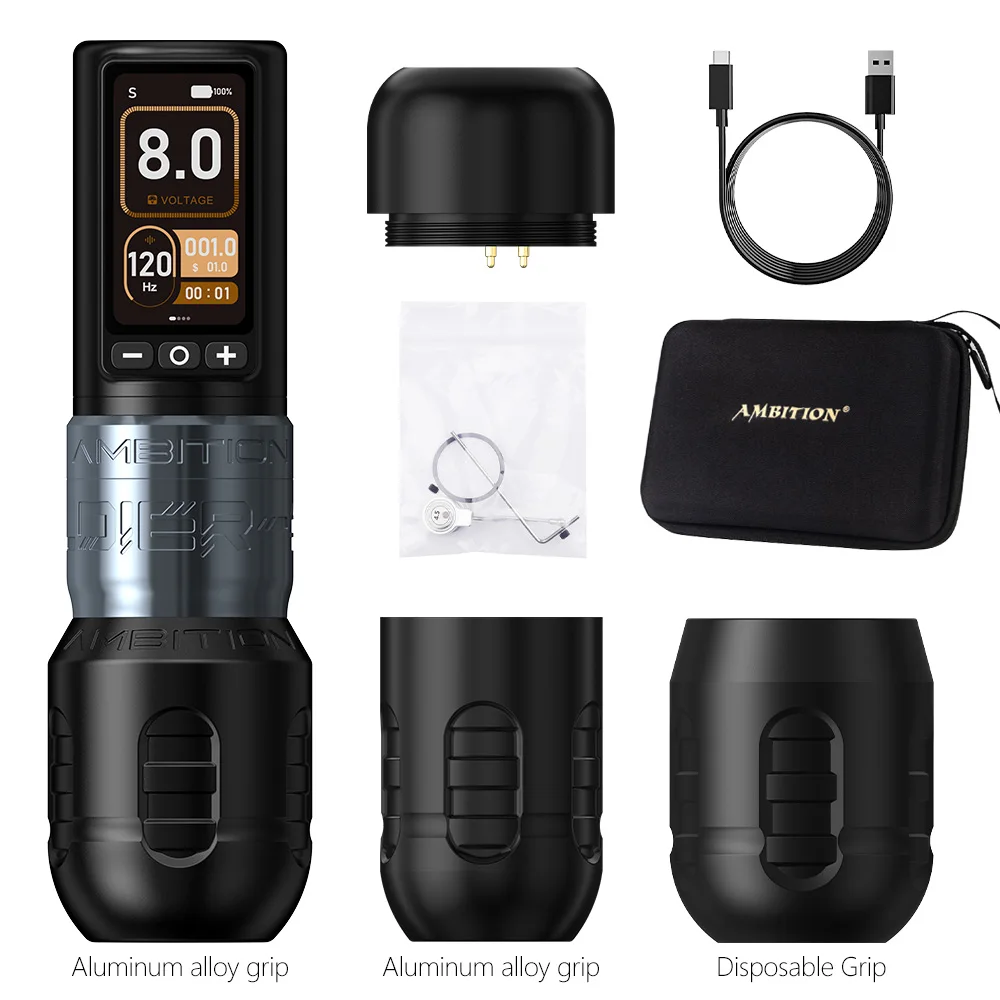 Ambitie Soldaat 270 Draadloze Tattoo Machine 4.0mm + 4.5mm Slag Borstelloze Motor Pen Professionele 2400mAh Batterij grip 34 + 42mm