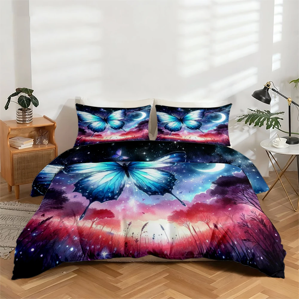 

High-Definition Digital Print Bedding Set, Blue Butterfly and Starry Sky Dreamy Pattern Duvet Cover Set, Large Floral Print Duvet Cover Set, Includes 1 Duvet Cover + 2 Pillowcases, Suitable for Bedroom, Guest Room, Home Decoration, Polyester Fiber Duvet C