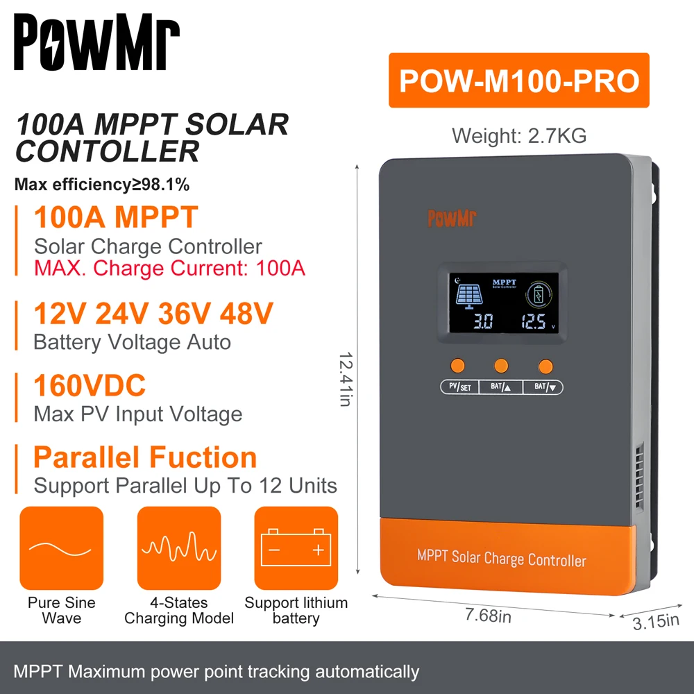 وحدة تحكم شاحن الطاقة الشمسية Powermr-MPPT ، 100A ، 80A ، 60A ، 40A ، 30A ، 30A ، 20A ، LCD ، تعمل مع 12 فولت ، 24 فولت ، 36 فولت ، 48 فولت ، لوحة شمسية لبطارية الرصاص الحمضية