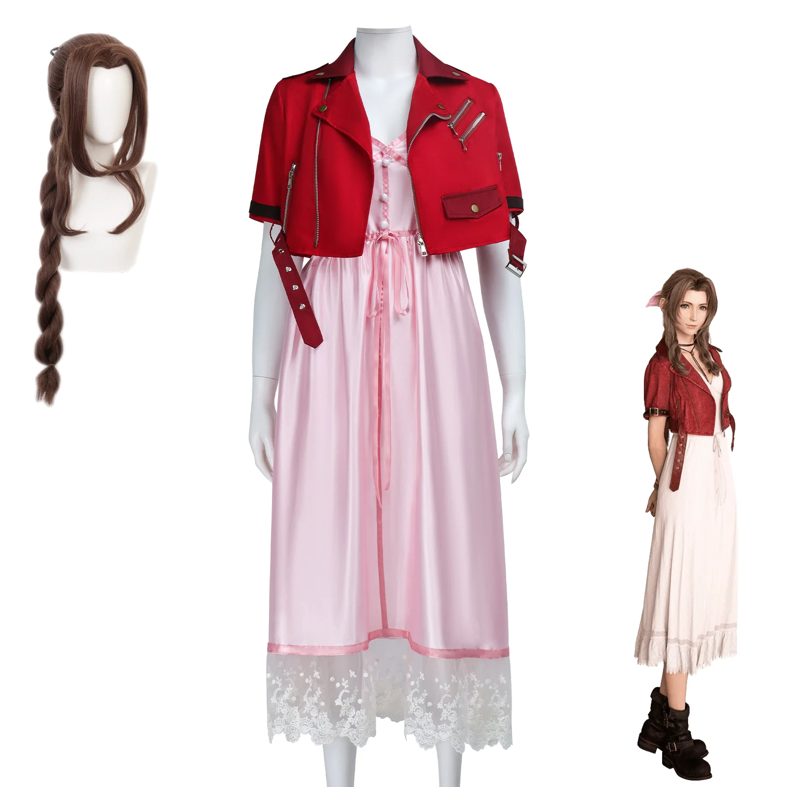 

Final Fantasy Aerith Gainsborough Cosplay Costume Red Biker Jacket Pink Dress & Wig Full Set for Women Halloween