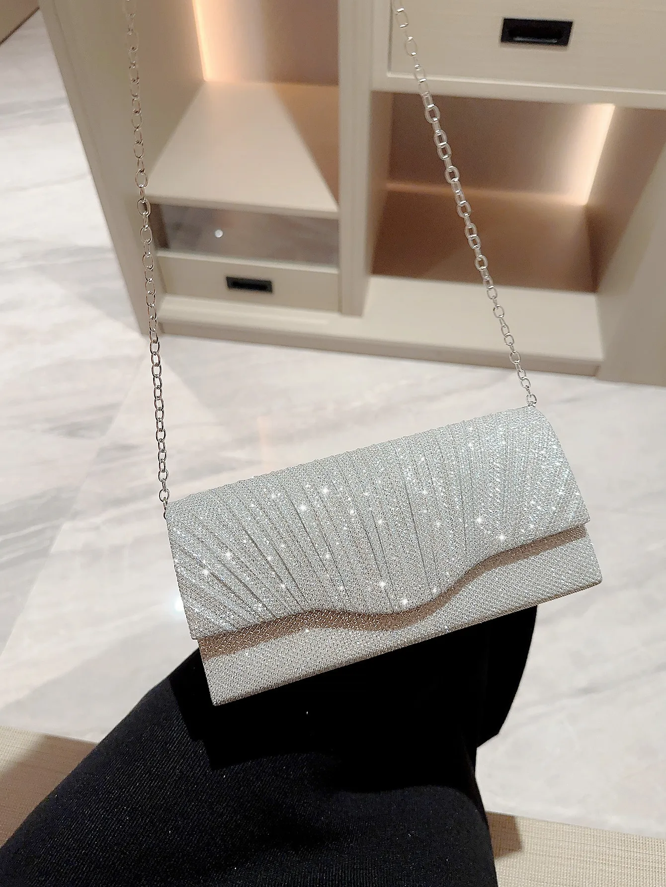 Women Lady Female Silver Evening Dinner Clutch Shimmering Elegant Bag Shoulderbag Handbag Glitter Purse Party Coctail Wedding