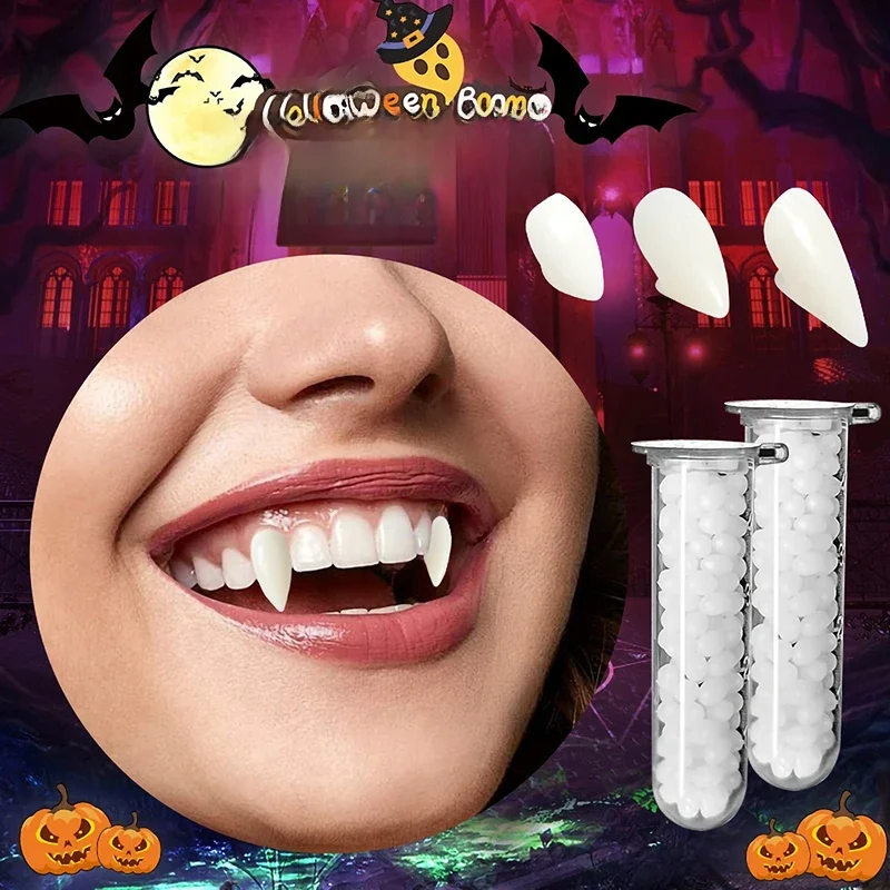 Garnitur żywica zęby wampira kły Halloween rekwizyty Diy zęby Plus klej zęby rekwizyty Cosplay przyjazne dla środowiska impreza wampirów — 2